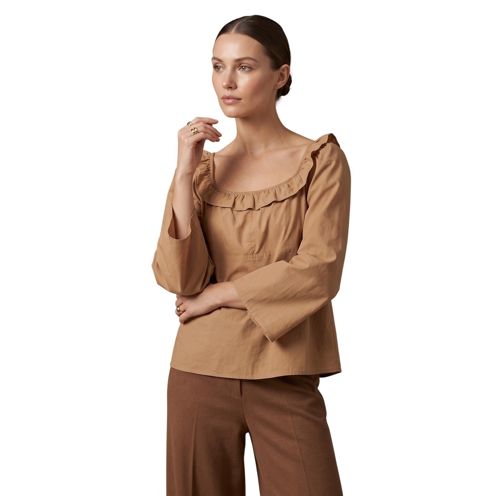 BELIZE Tan Cotton Blouse Ruffle Square Neck Top Size 3 Med/Large Minimalist $320